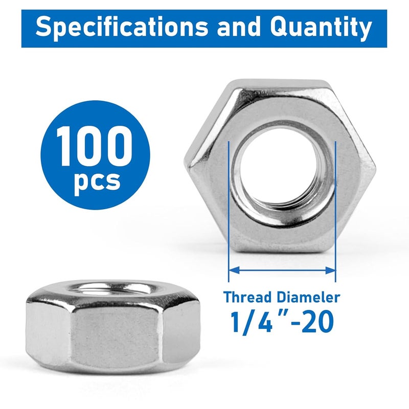 Vmuter Hex Nuts, 100 Pack 1/4“-20 304 (A2-70) Stainless Steel Hardware Nuts,Standard Inch Coarse Thread Nuts - Image 2